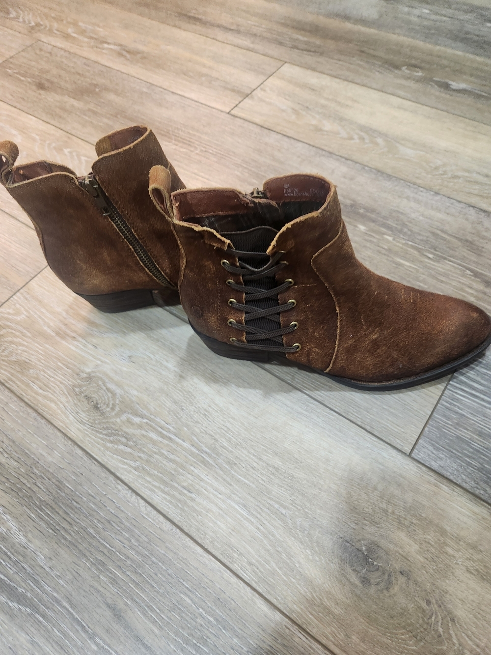 Born Brown Suede Lace-Up Ankle Booties with Side Zipper Size 8